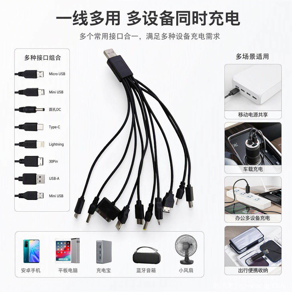 Multi-interface black charging cable, multi-functional data transmission, fast charging, suitable for mobile phone, tablet and computer charging cables