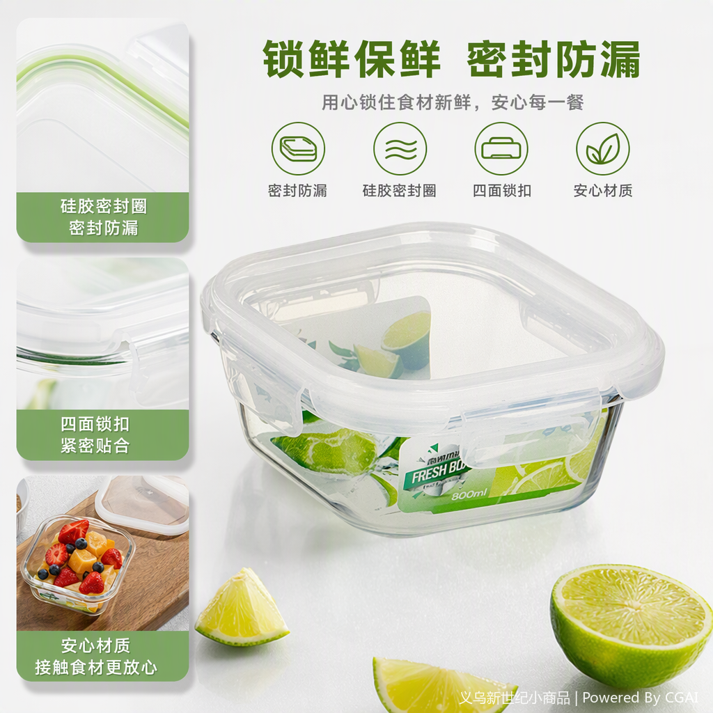 Heat-resistant and cold-resistant transparent glass sealed storage box, kitchen storage and organization container, large-capacity food preservation box
