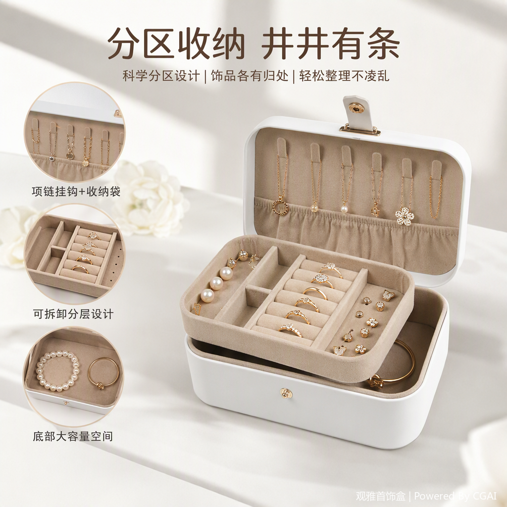 White and gold buckle jewelry storage box, simple and fashionable multi-layer jewelry box, organizing box, women's home storage box