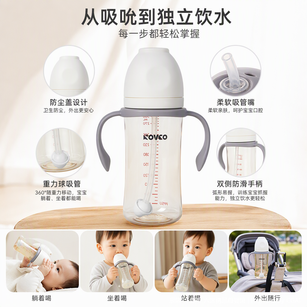 【OSEO】26Q4#N1064-2 NOVCO transparent baby bottle with grey handle, white nipple, infant and toddler milk shaking feeding product, Philips baby bottle accessory