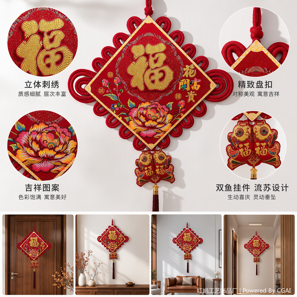 Red Chinese knot pendant, "Fu" character, peony flower, auspicious and prosperous decoration pendant, home decoration item, gift and promotional item