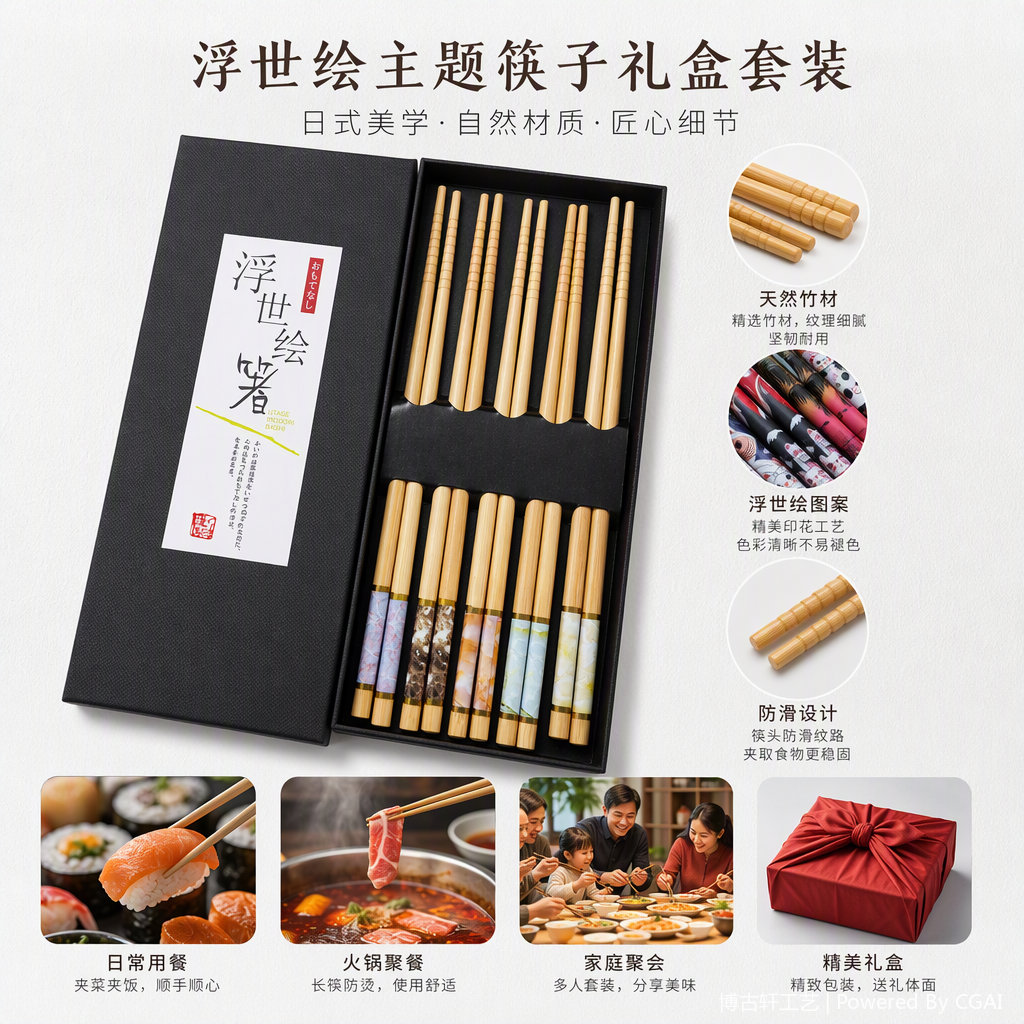 彩色招财猫图案木质筷子套装创意餐具家用便携餐具礼品装