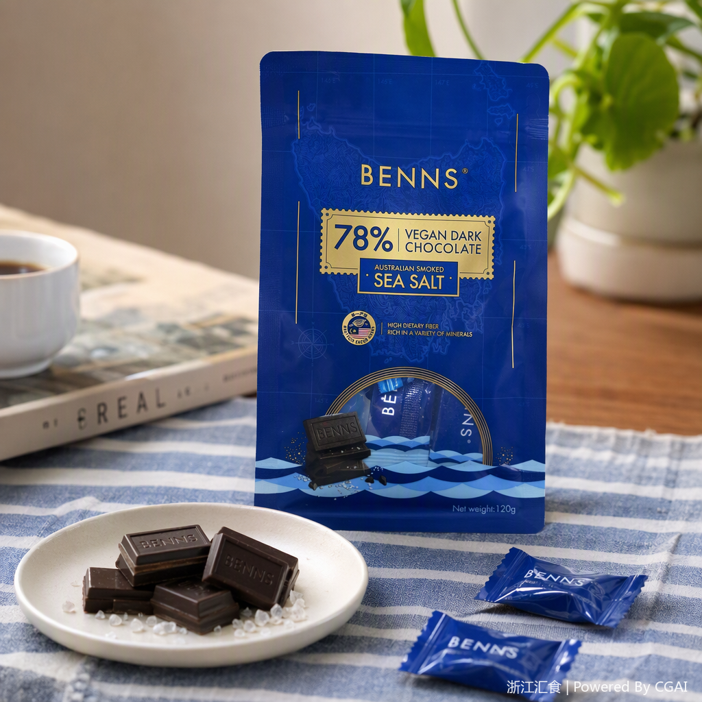 Benns Vietnamese Dark Chocolate 78% Australian smoked Sea Salt Flavor blue packaging Bag Snack Chocolate Gift box details Picture