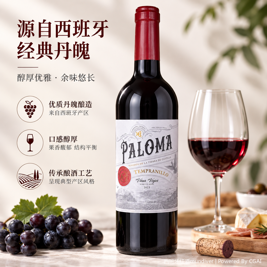 Красная бутылка "Paloma Tempranillo", красная бутылка "шляпа", классическая густая, хорошо сочетается с коллекцией хорошего вина