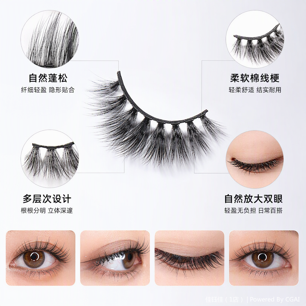 The natural thick false eyelashes are long and curly. The beauty tools are long-lasting, do not fade, are easy to apply, and come in a variety of styles Specification image