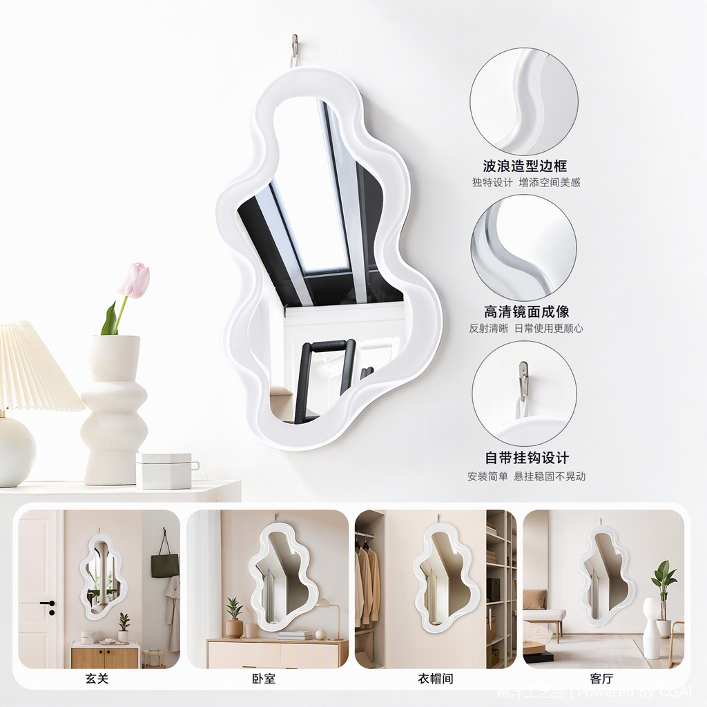 白色波浪边框装饰镜简约现代浴室梳妆镜壁挂创意家居装饰品