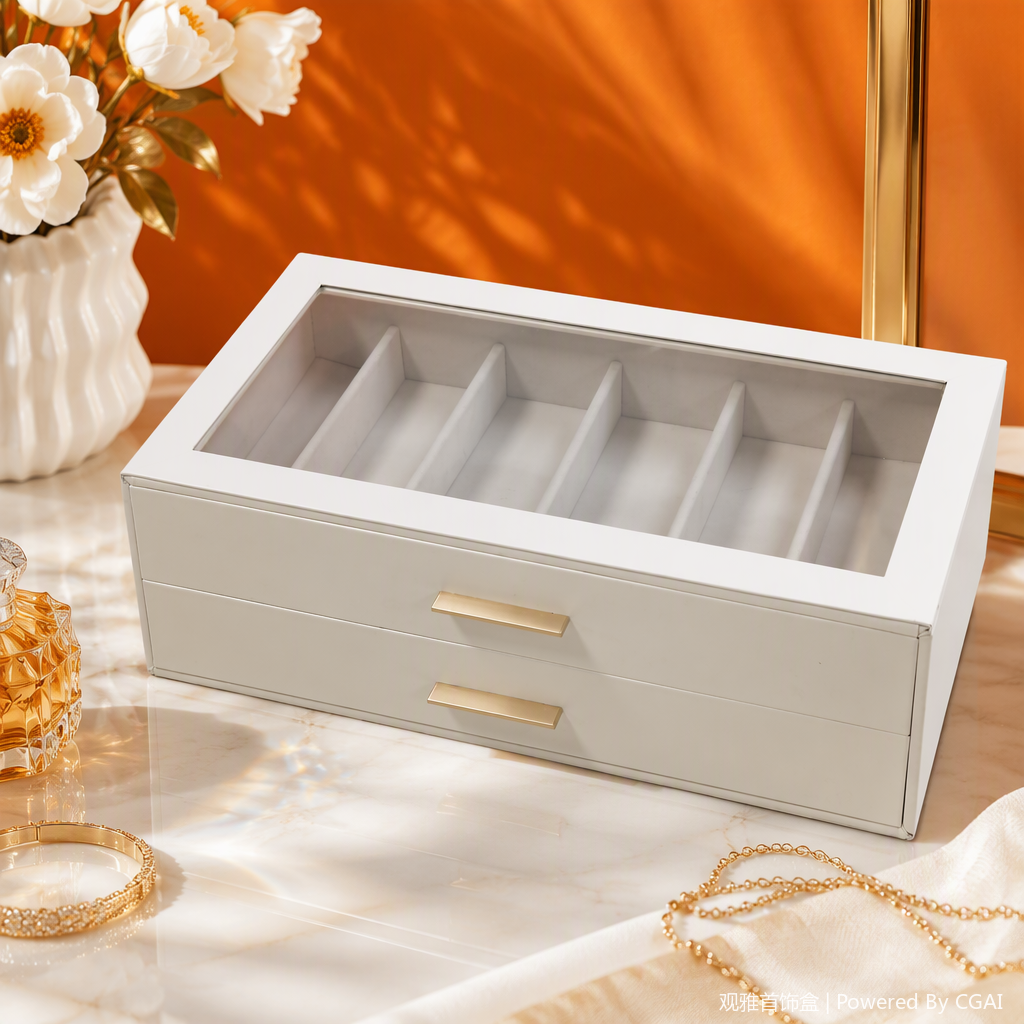 White double-layer drawer-type glass cover jewelry storage box, multi-layer organizing box, jewelry display storage box, and storage box Specification image