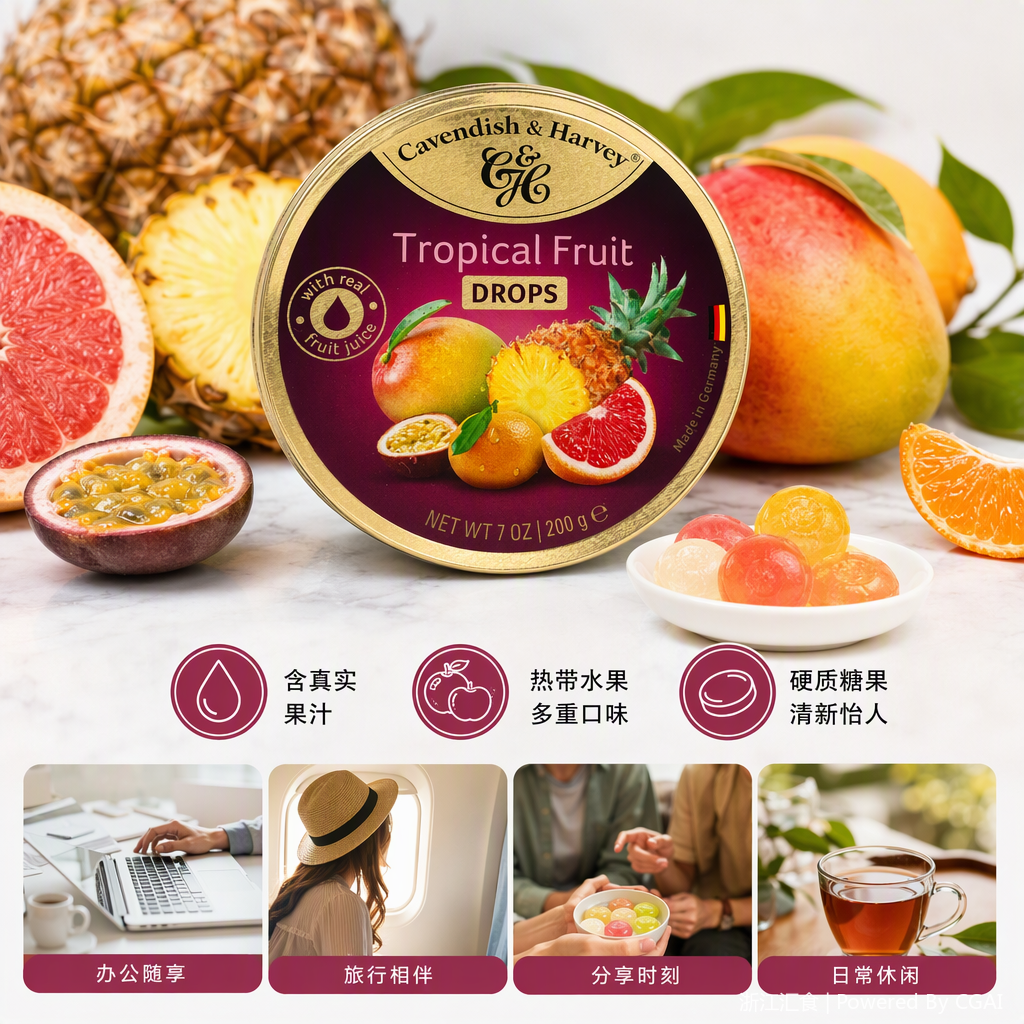 Dorado redondo enlatado dulce de frutas tropicales Cavendish Harvey tropical frutado gommy snacks casuales