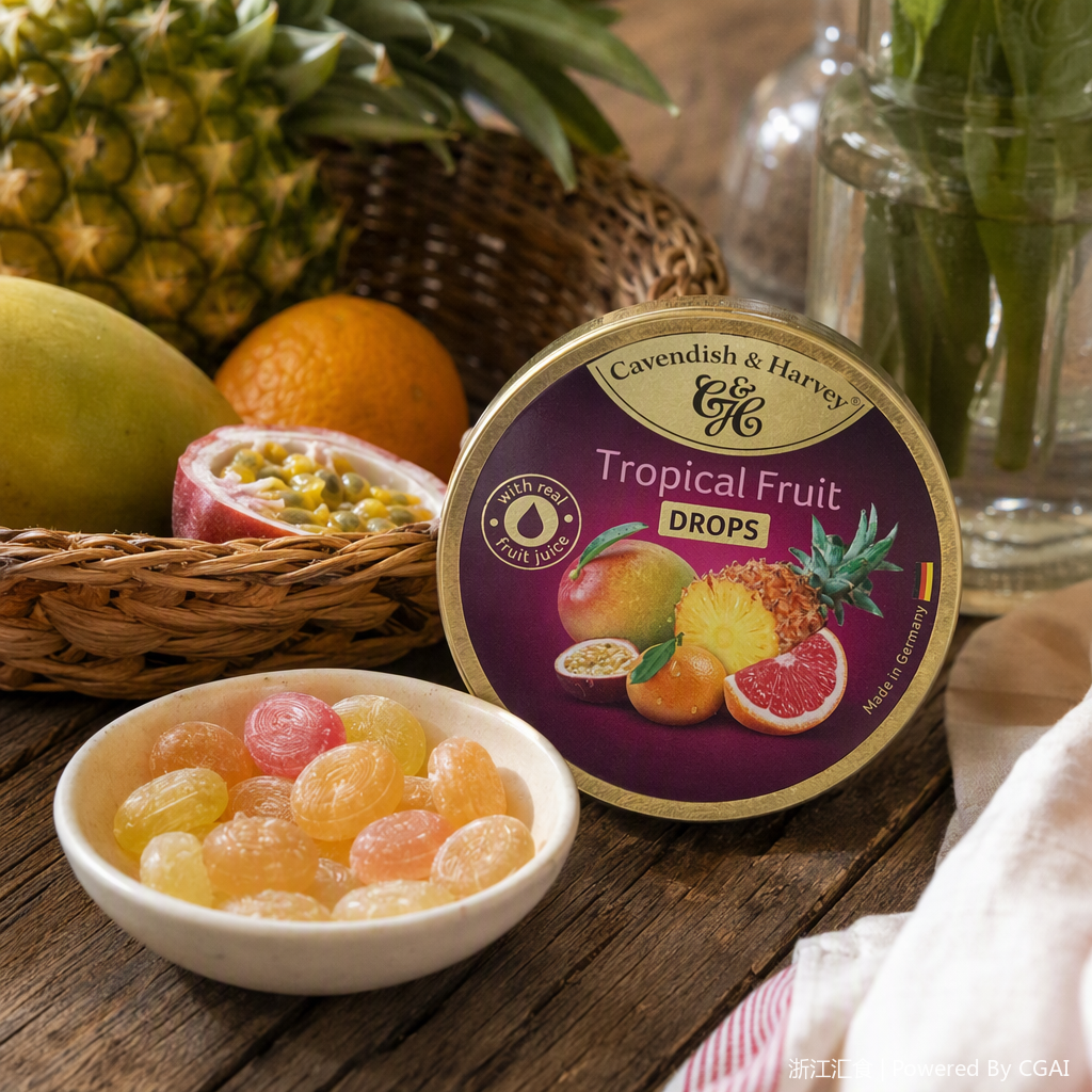 Dorado redondo enlatado dulce de frutas tropicales Cavendish Harvey tropical frutado gommy snacks casuales details Picture