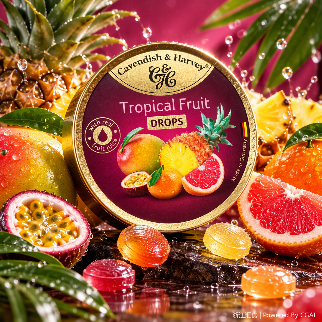 Dorado redondo enlatado dulce de frutas tropicales Cavendish Harvey tropical frutado gommy snacks casuales Specification image