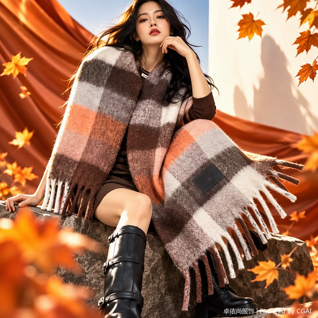 The checkered tassel scarf is fashionable and versatile. The model shows the new autumn and winter warm shawl for women Specification image