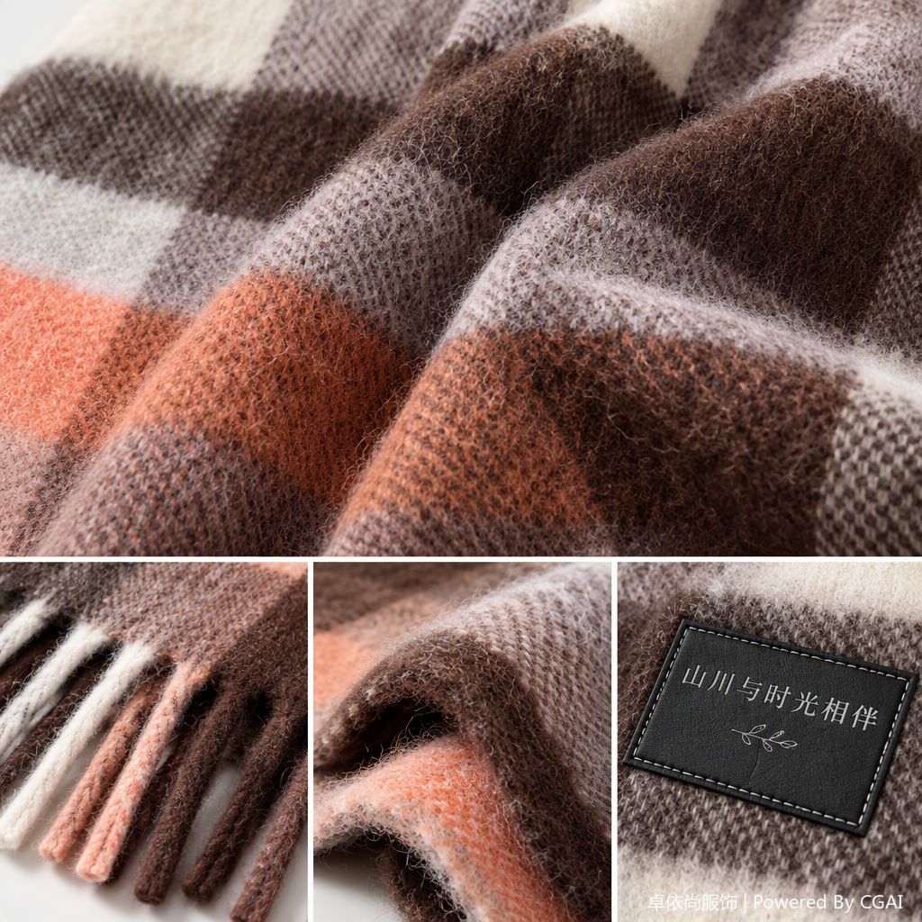 The checkered tassel scarf is fashionable and versatile. The model shows the new autumn and winter warm shawl for women Application Scenario
