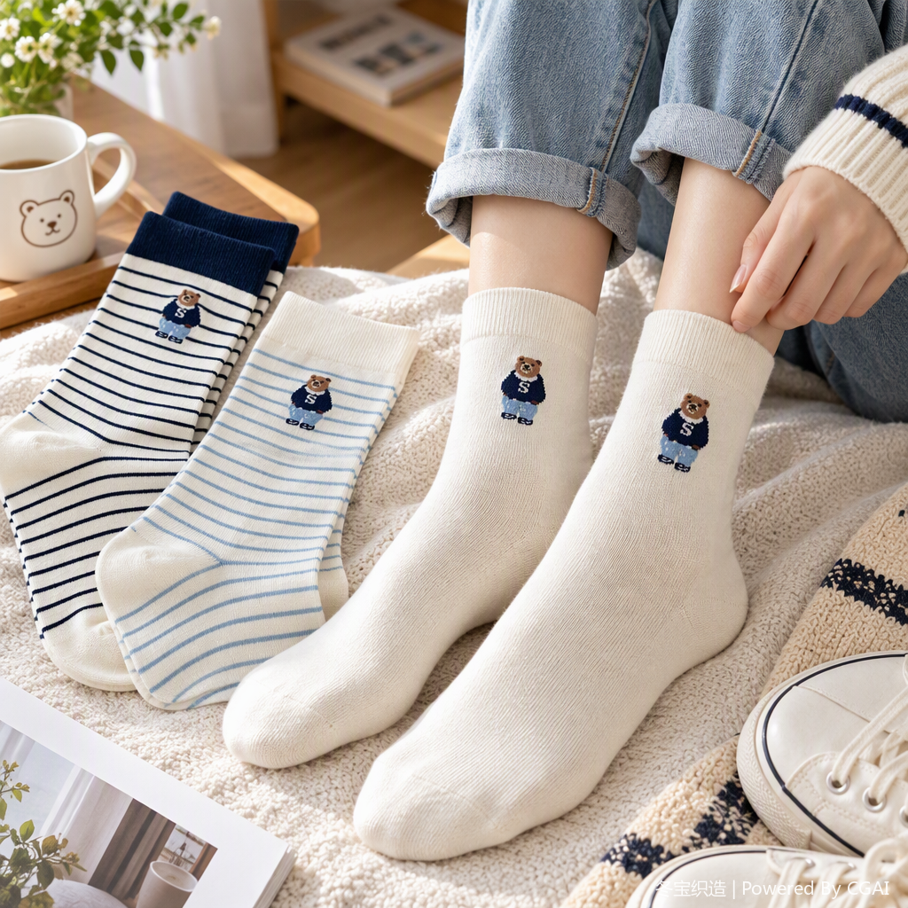 Lindo oso bordado rayas calcetines cómodo transpirable niños estudiantes casual deportes calcetines tendencia versátil details Picture