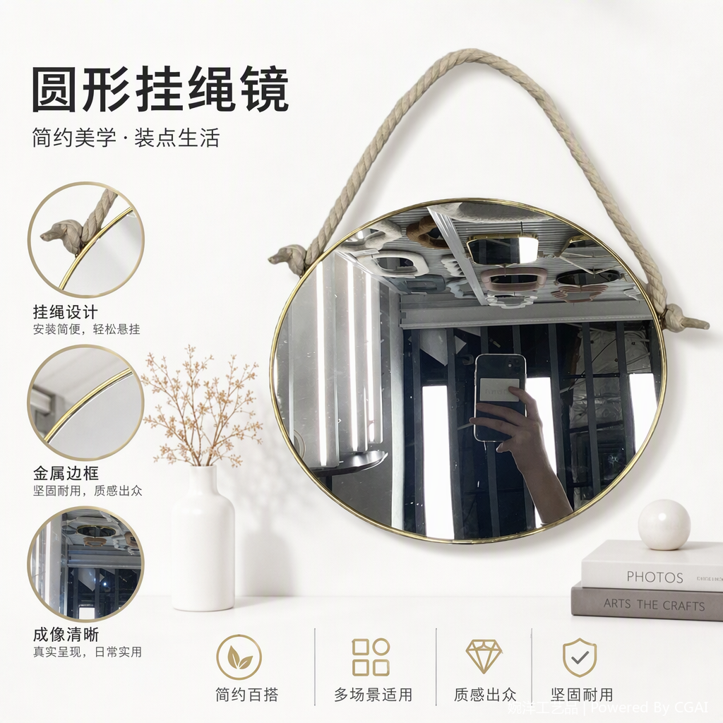金色边框圆形挂镜粗麻绳悬挂装饰简约现代家居装饰品