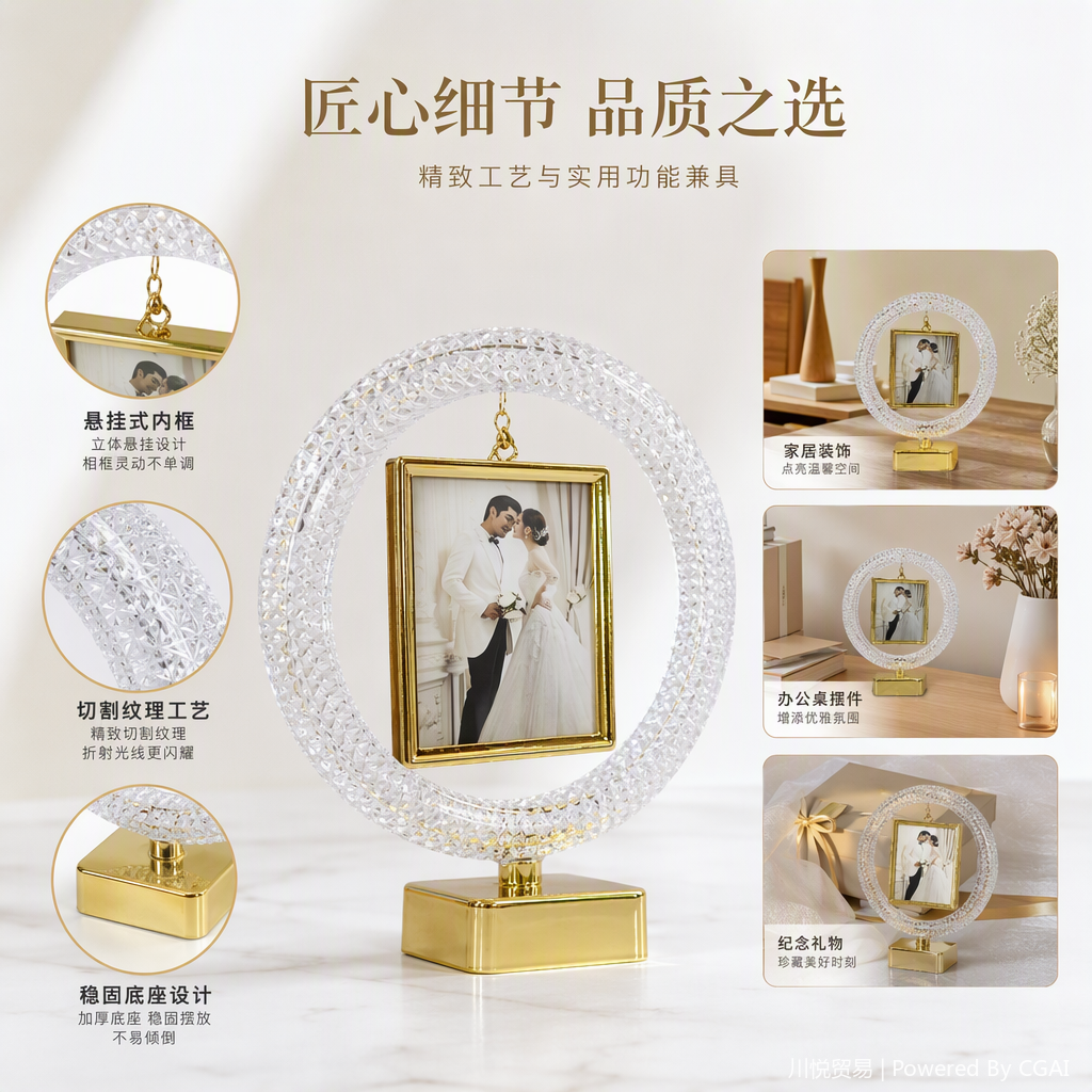 Crystal diamond-encrusted round photo frames, wedding ornaments, wedding photo decorations, creative home furnishings, gifts
