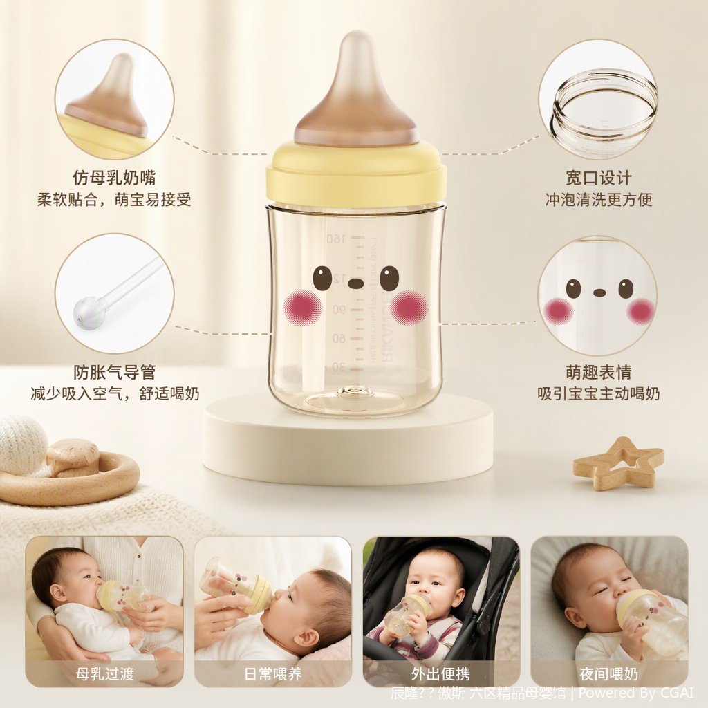 【OSEO】26Q4#N1079-2 Cute Cartoon Face Transparent Baby bottle Set, anti-drop baby bottle accessories, children's products