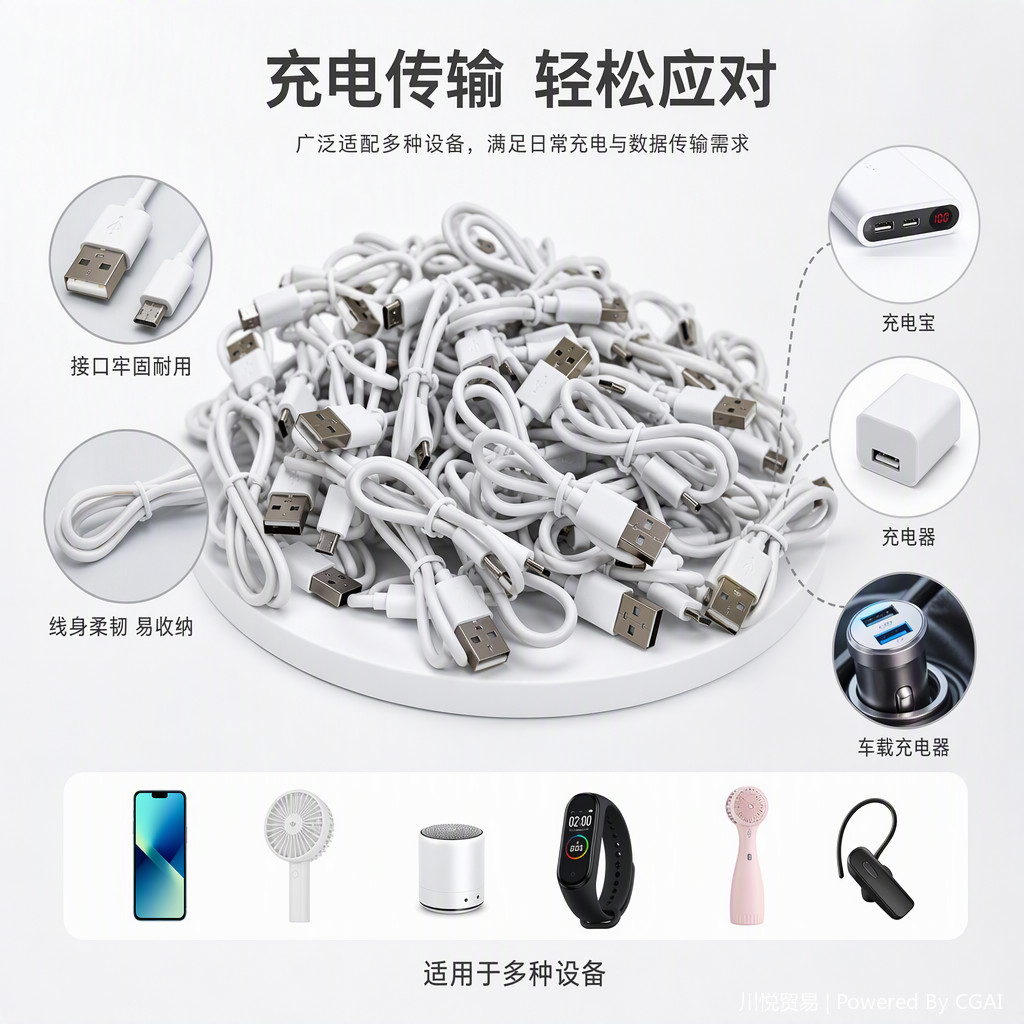High-quality white USB data cable supports fast charging and transmission. Durable mobile phone and tablet charging cable accessories