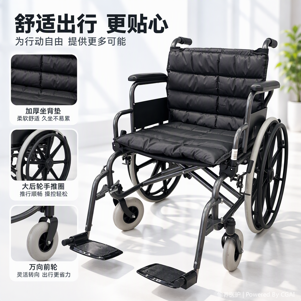 加厚软垫轮椅黑色款便携舒适防滑耐用适用老年残疾人护理用品