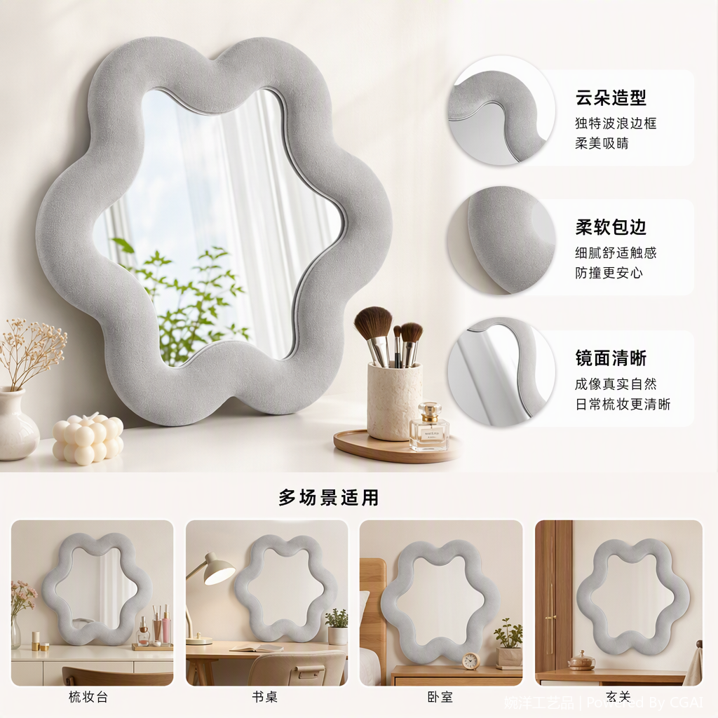时尚灰色绒面波浪边框镜子简约现代家居装饰美观实用