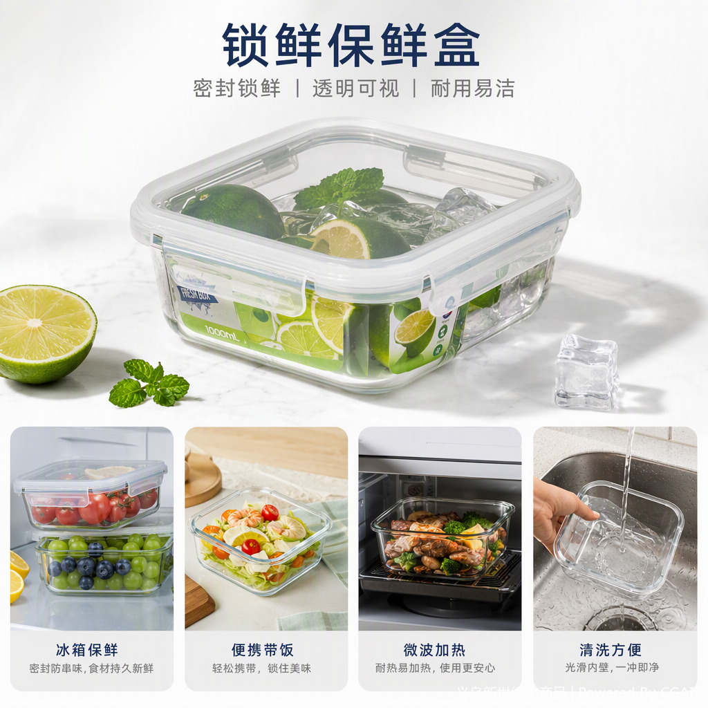 耐热透明玻璃密封储物盒厨房收纳保鲜盒水果蔬菜储存容器大容量耐用