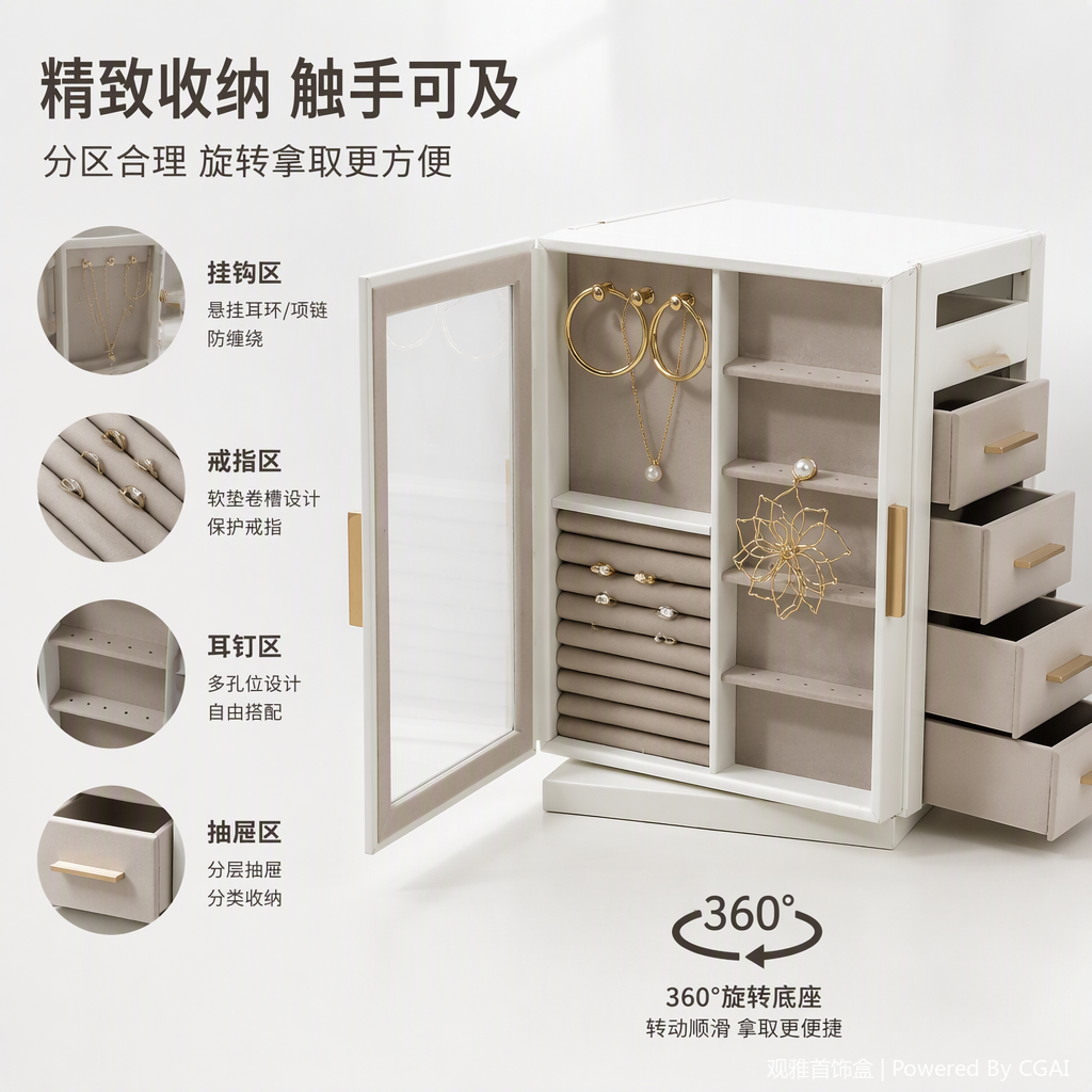 White glass door jewelry storage box, multi-layer organizing box, jewelry display storage cabinet, storage box, jewelry cabinet, home simple style