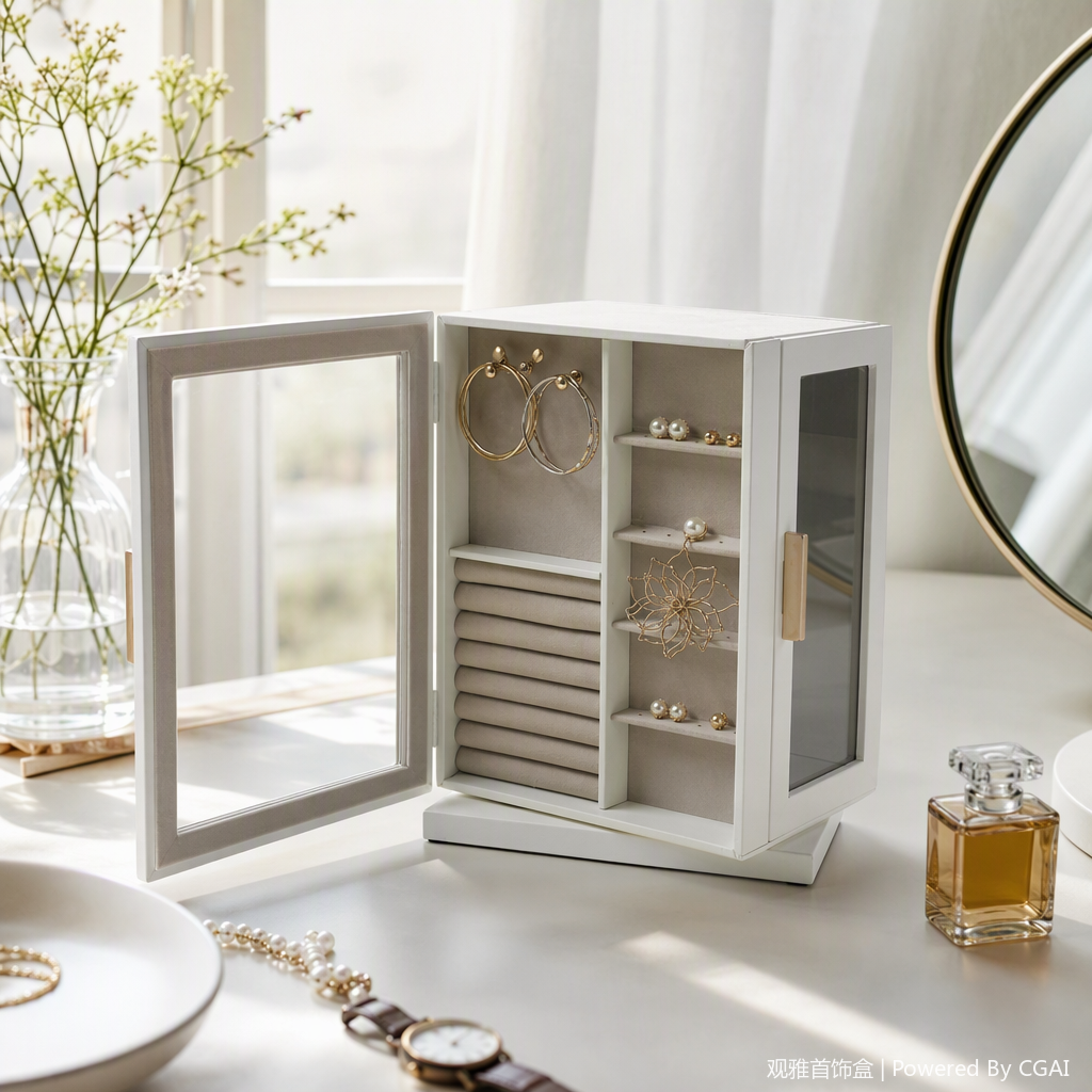 White glass door jewelry storage box, multi-layer organizing box, jewelry display storage cabinet, storage box, jewelry cabinet, home simple style details Picture