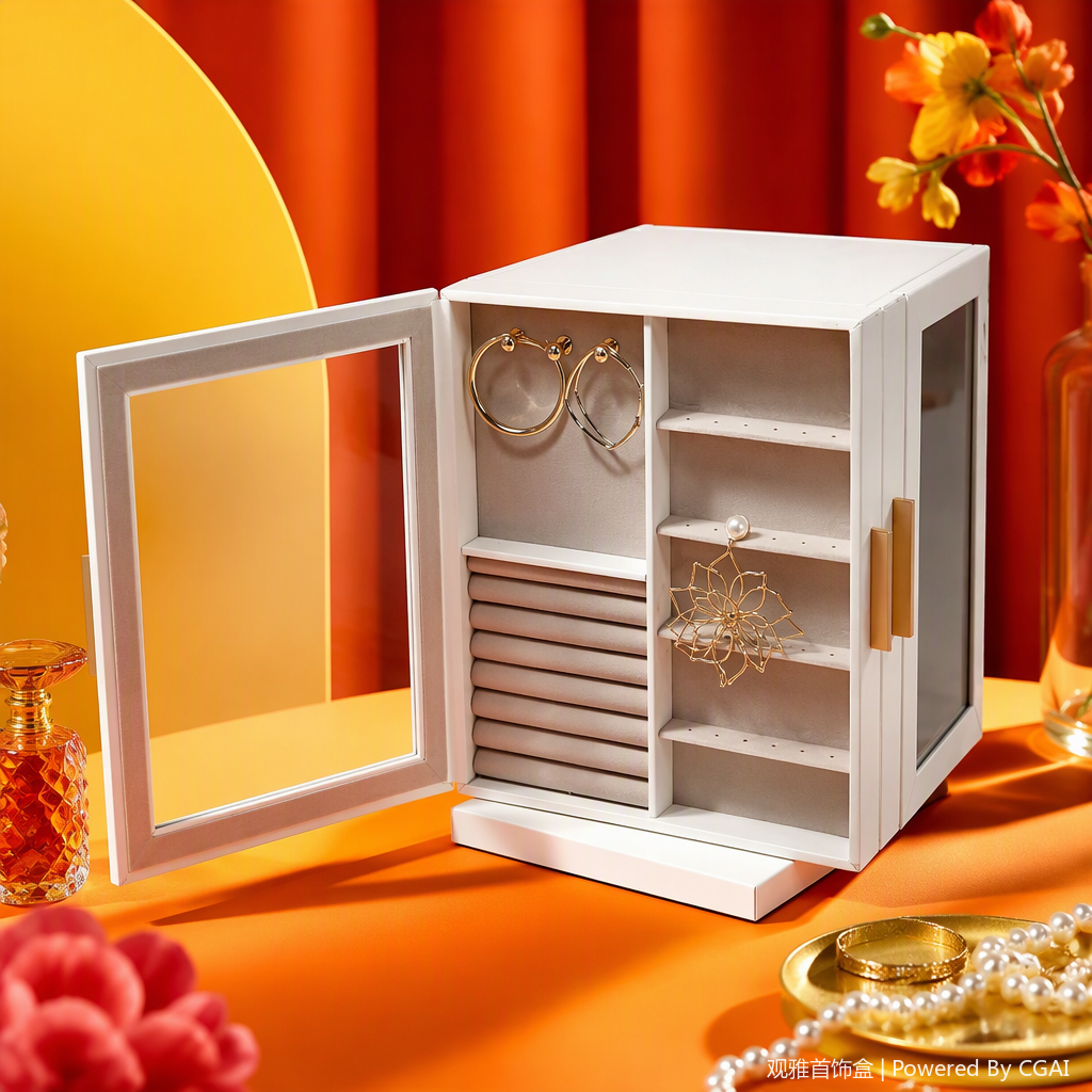 White glass door jewelry storage box, multi-layer organizing box, jewelry display storage cabinet, storage box, jewelry cabinet, home simple style Specification image