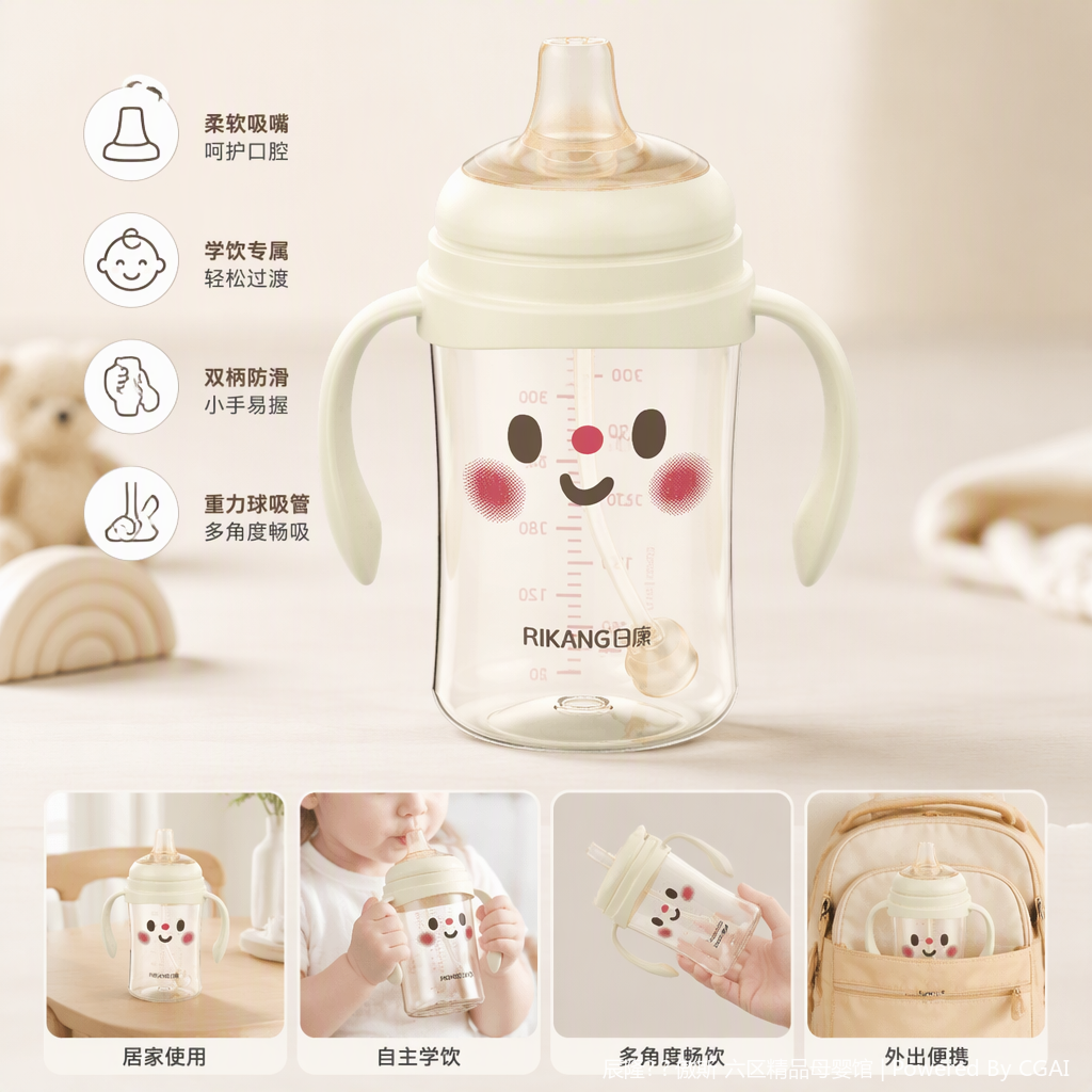 【OSEO】26Q4#N1080-1 Water Baby, beige smiling face, infant learning drinking cup, insulated water cup, Baby complementary food drinking device, children with straw