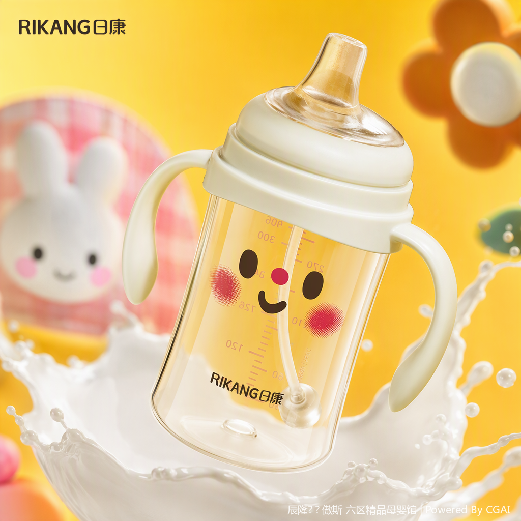 [OSEO] 26Q4#N1080-1 bebé de agua arroz blanco cara sonriente bebé y niño niño aprender taza de bebida taza de agua caliente bebé accesorio bebedor niño con pajita Specification image