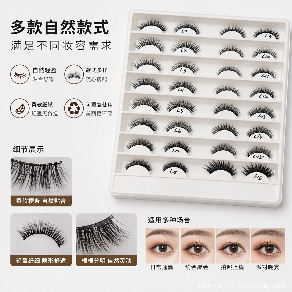 Natural and thick false eyelashes, long and curly, long-lasting makeup, and beauty tools are used in combination to create a beautiful look Specification image