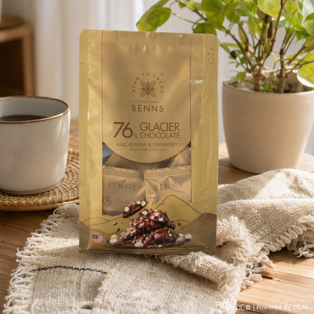 Benns Macadamia cranberry Flavored Vegan Dark Chocolate, golden packaging bag, 76% Rich, mellow and healthy snack details Picture