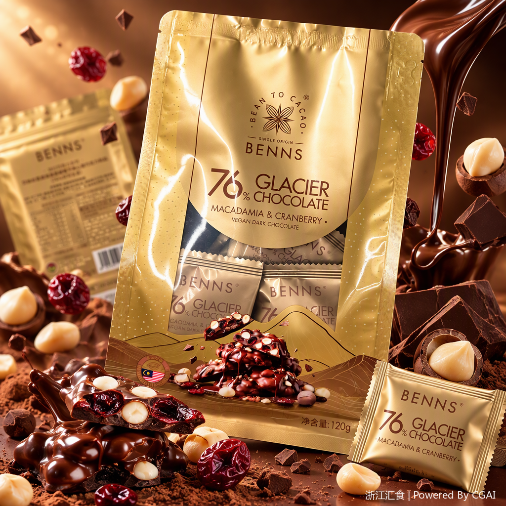 Benns Macadamia cranberry Flavored Vegan Dark Chocolate, golden packaging bag, 76% Rich, mellow and healthy snack Specification image