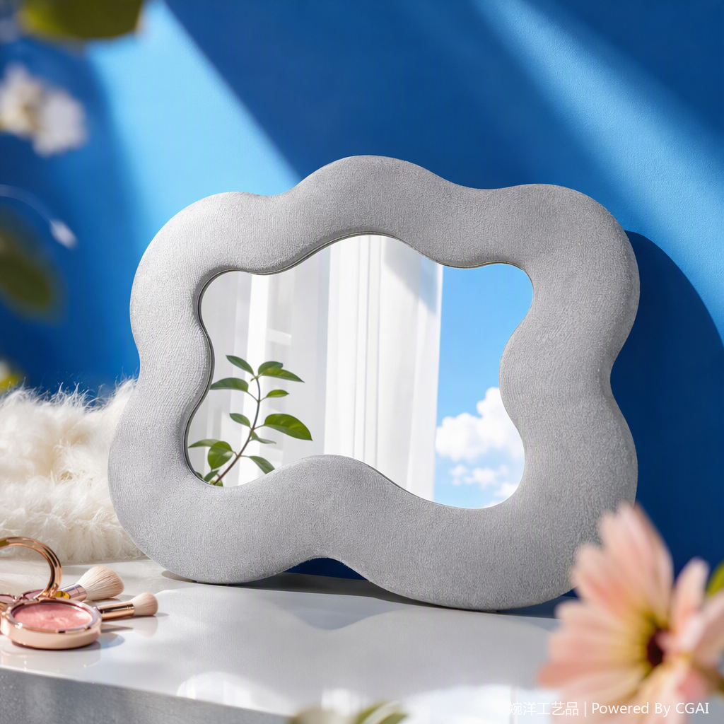 浅蓝色绒面波浪形边框镜子细节图