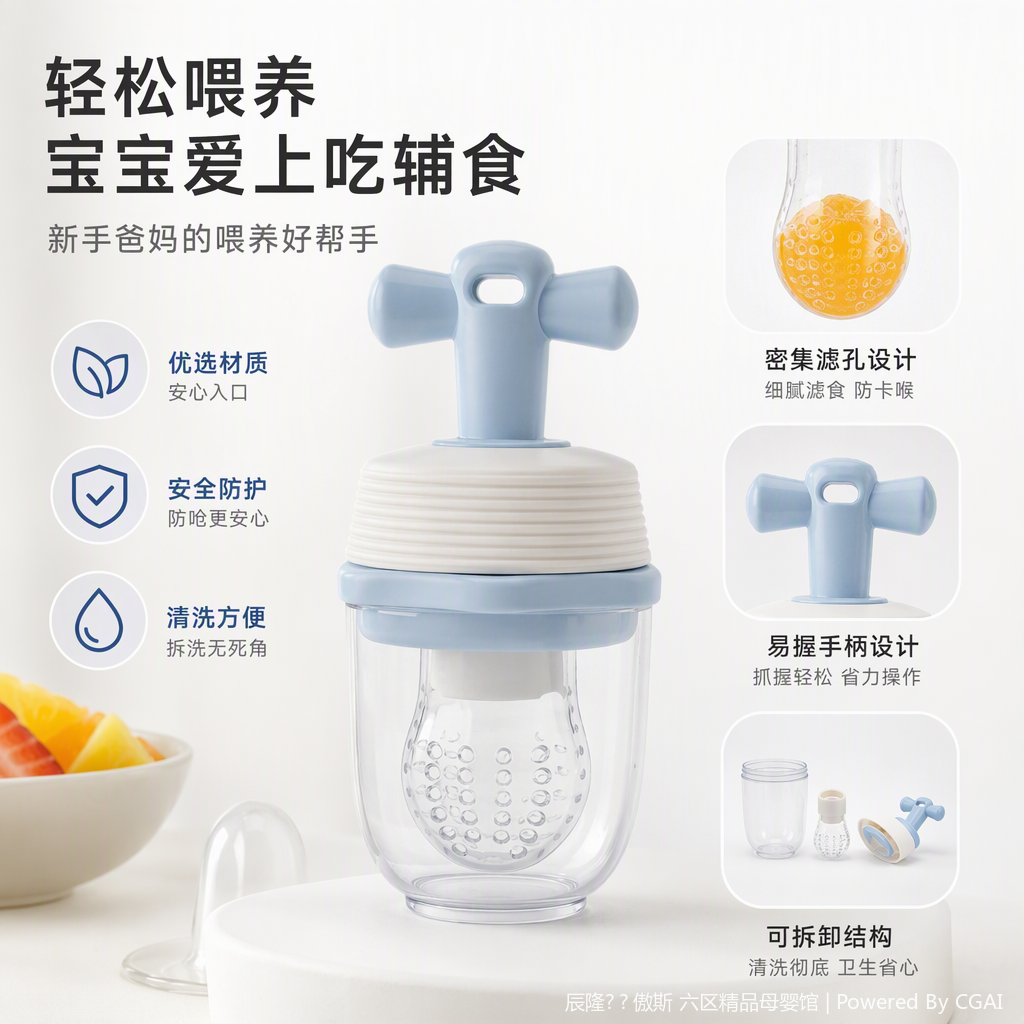 【OSEO】26Q4#W1018 light blue handle baby food grinder, white silicone cover, transparent liquid storage chamber, perforated mouthpiece, multi-functional baby food tool 【OSEO】26Q4#W1018 light blue handle baby food grinder, white silicone cover, transparent liquid storage chamber, perforated mouthpiece, multi-functional baby food tool