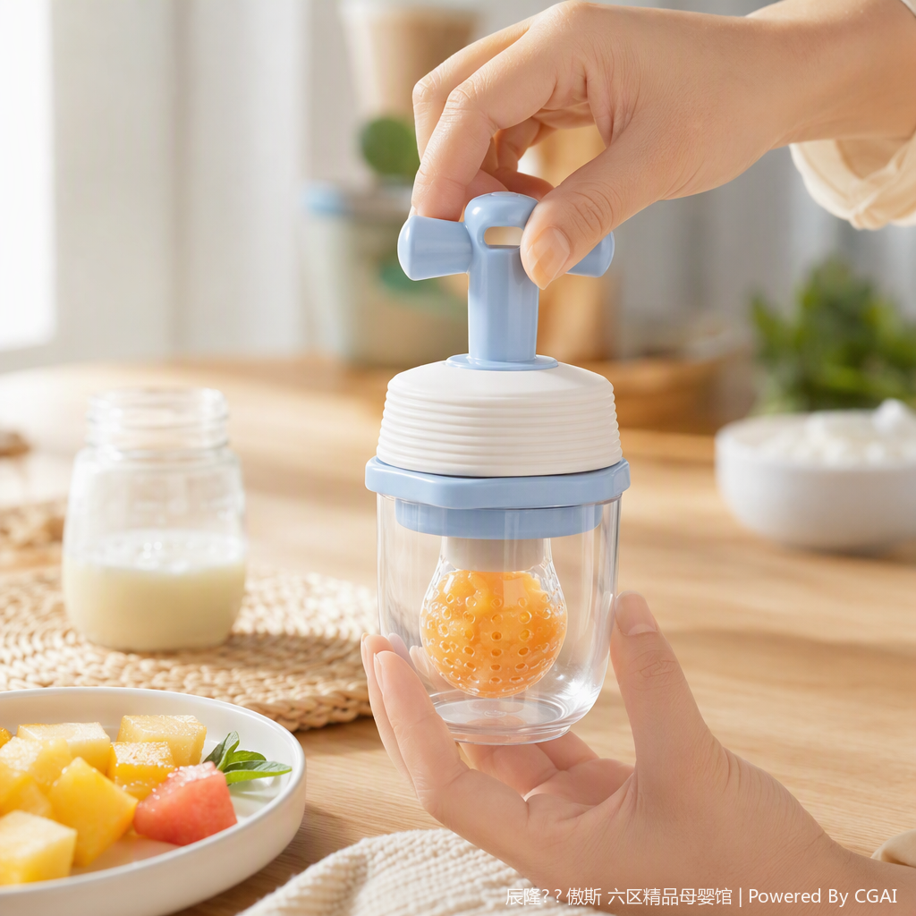 【OSEO】26Q4#W1018 light blue handle baby food grinder, white silicone cover, transparent liquid storage chamber, perforated mouthpiece, multi-functional baby food tool details Picture