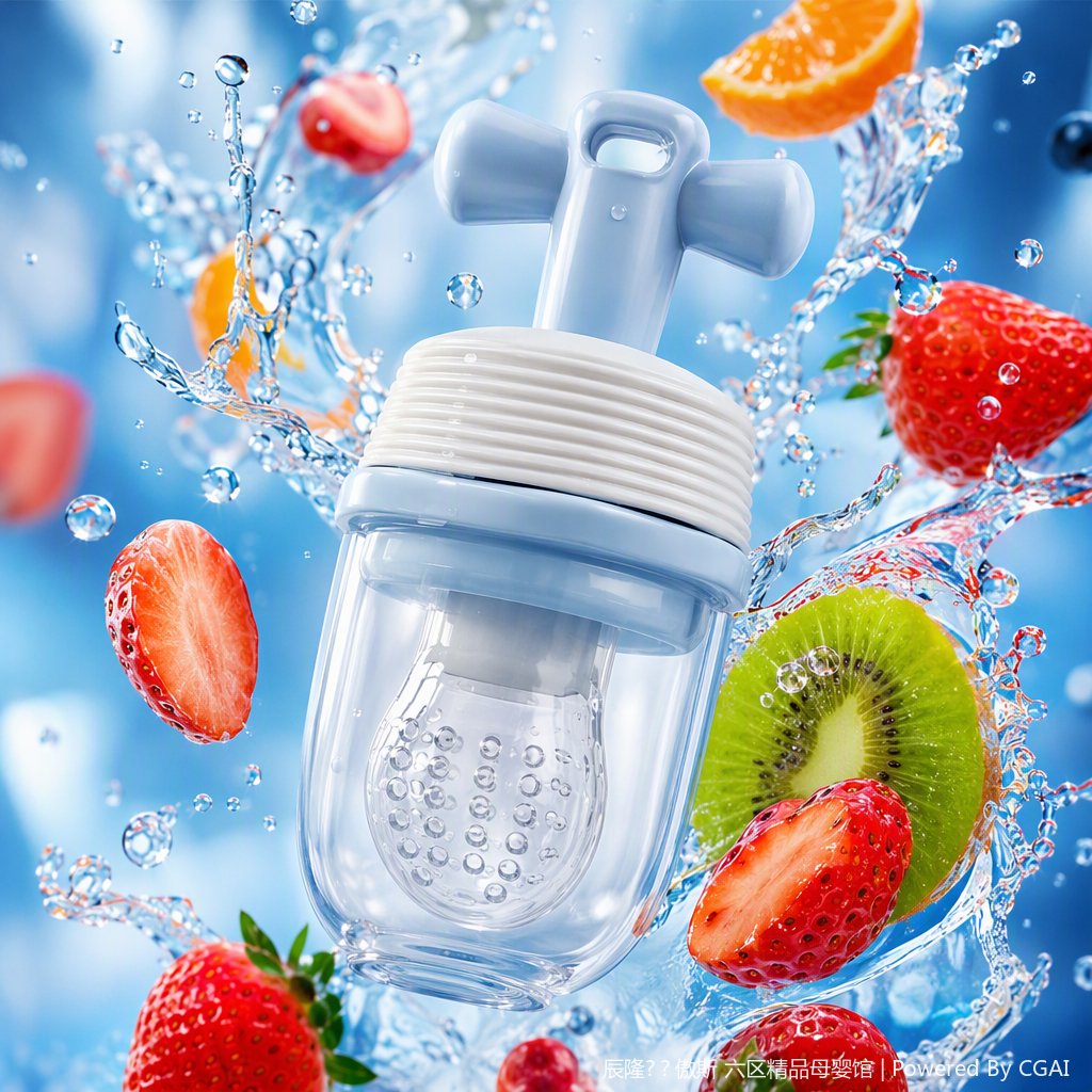 【OSEO】26Q4#W1018 light blue handle baby food grinder, white silicone cover, transparent liquid storage chamber, perforated mouthpiece, multi-functional baby food tool Specification image