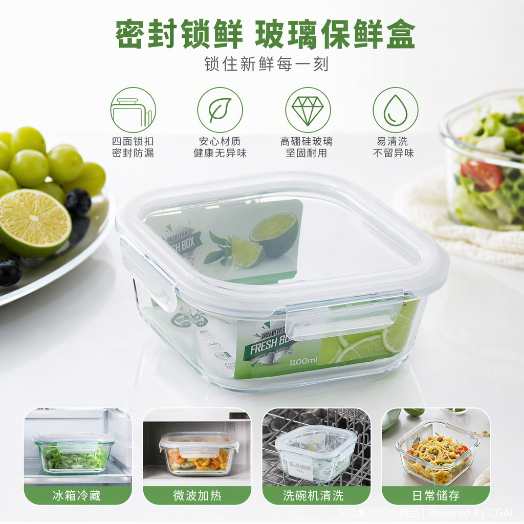 Heat-resistant and cold-resistant transparent glass sealed storage box, kitchen storage and organization container, household food preservation box
