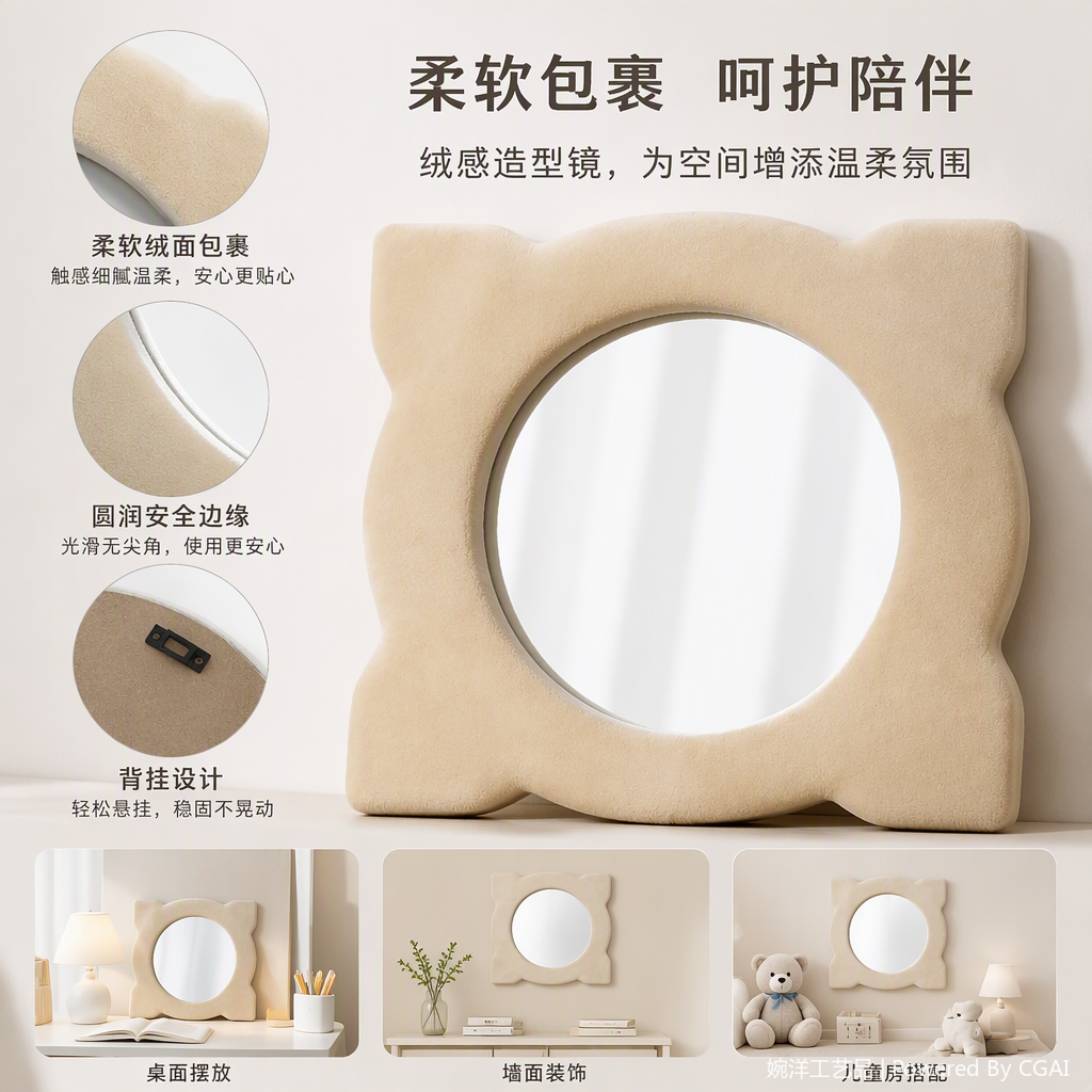 米色绒面异形边框圆形镜子简约现代卧室化妆镜装饰品家居用品