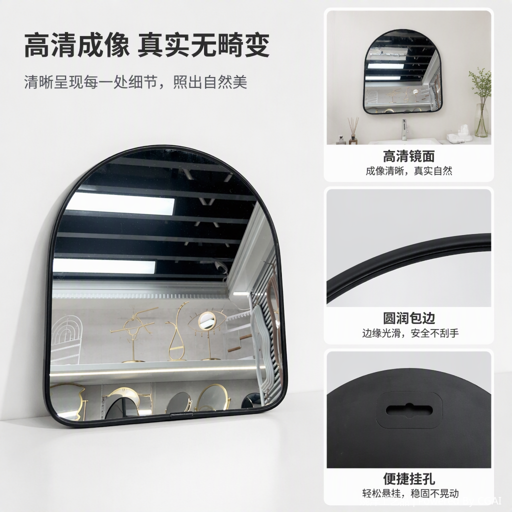 简约黑色边框拱形壁挂镜子现代北欧装饰大号梳妆镜卧室化妆镜