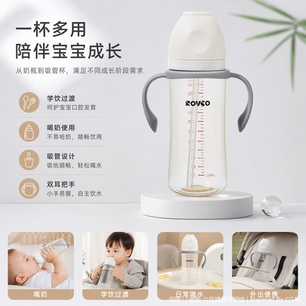 【OSEO】26Q4#N1070-2 multi-functional three-in-one baby bottle, grey handle, transparent bottle, anti-gas and leak-proof design, suitable for newborn babies