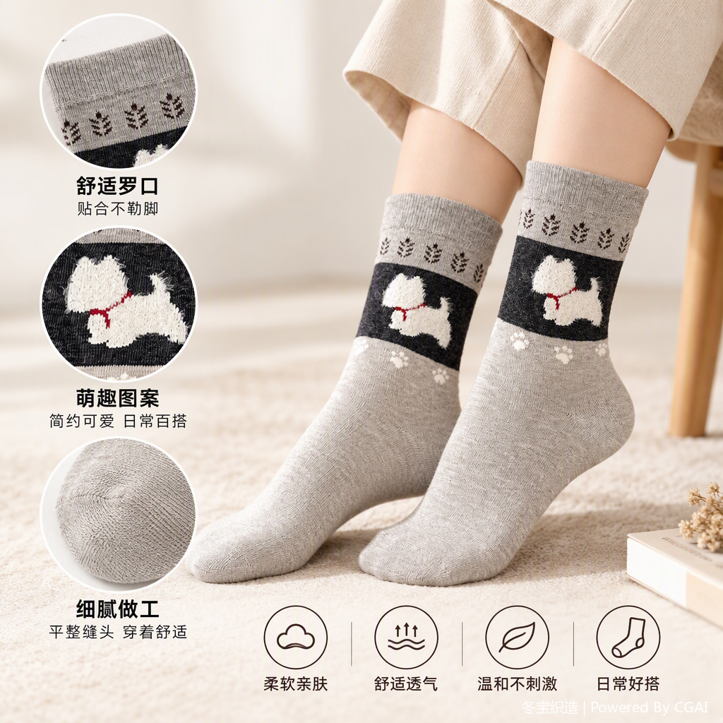 Grey casual socks with West Highland White Terrier pattern, fashionable, comfortable and trendy style, suitable for both men and women