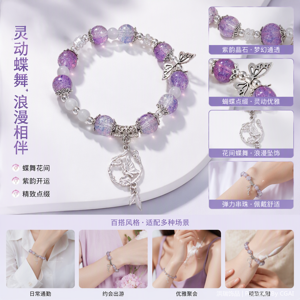 Purple and white beaded silver butterfly pendant bracelet, a fashionable and elegant ladies' accessory gift