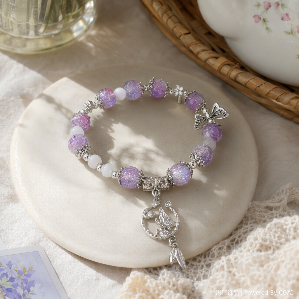 Purple and white beaded silver butterfly pendant bracelet, a fashionable and elegant ladies' accessory gift details Picture