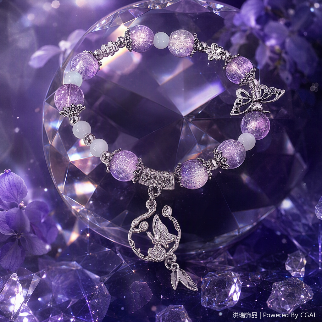 Purple and white beaded silver butterfly pendant bracelet, a fashionable and elegant ladies' accessory gift Specification image