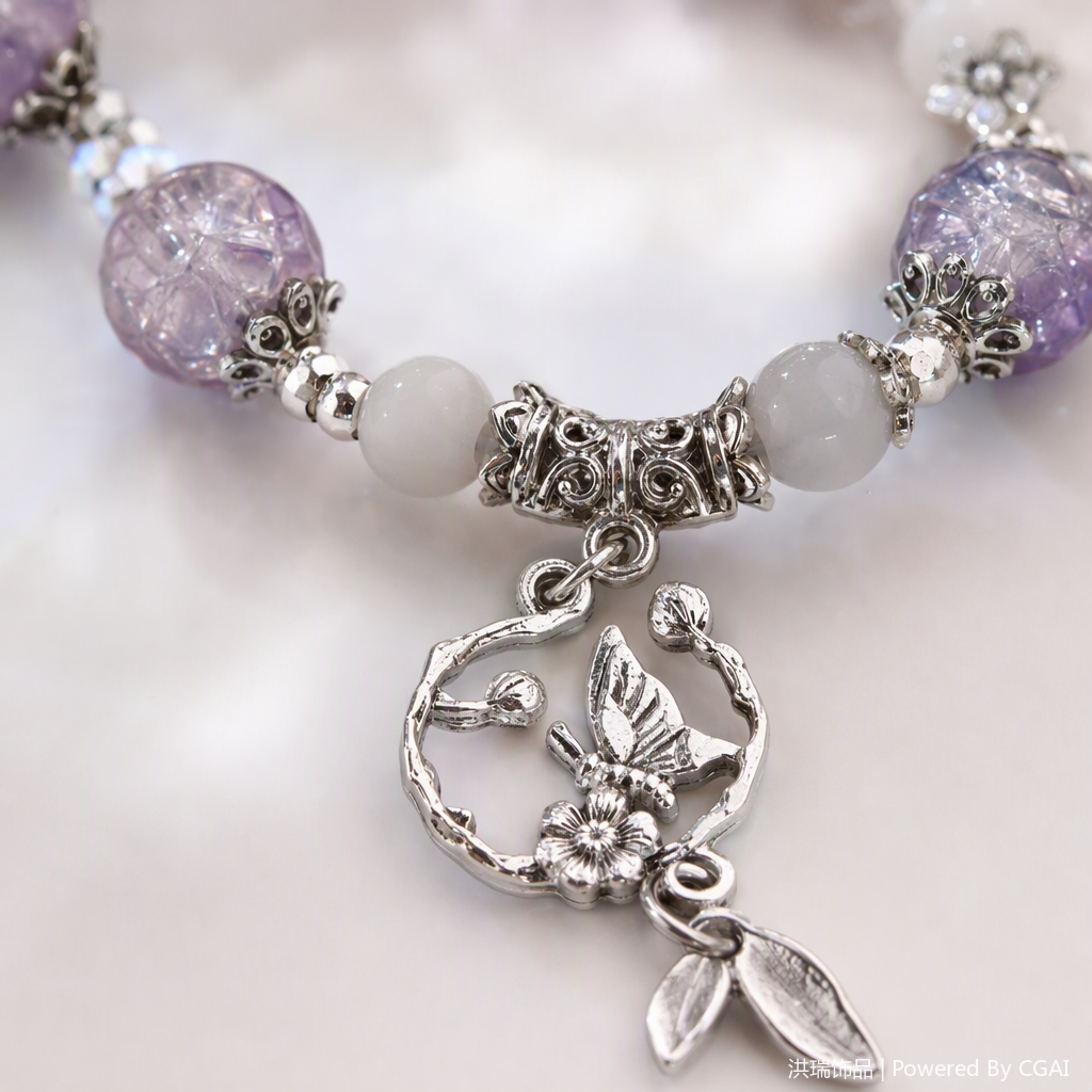 Purple and white beaded silver butterfly pendant bracelet, a fashionable and elegant ladies' accessory gift Application Scenario