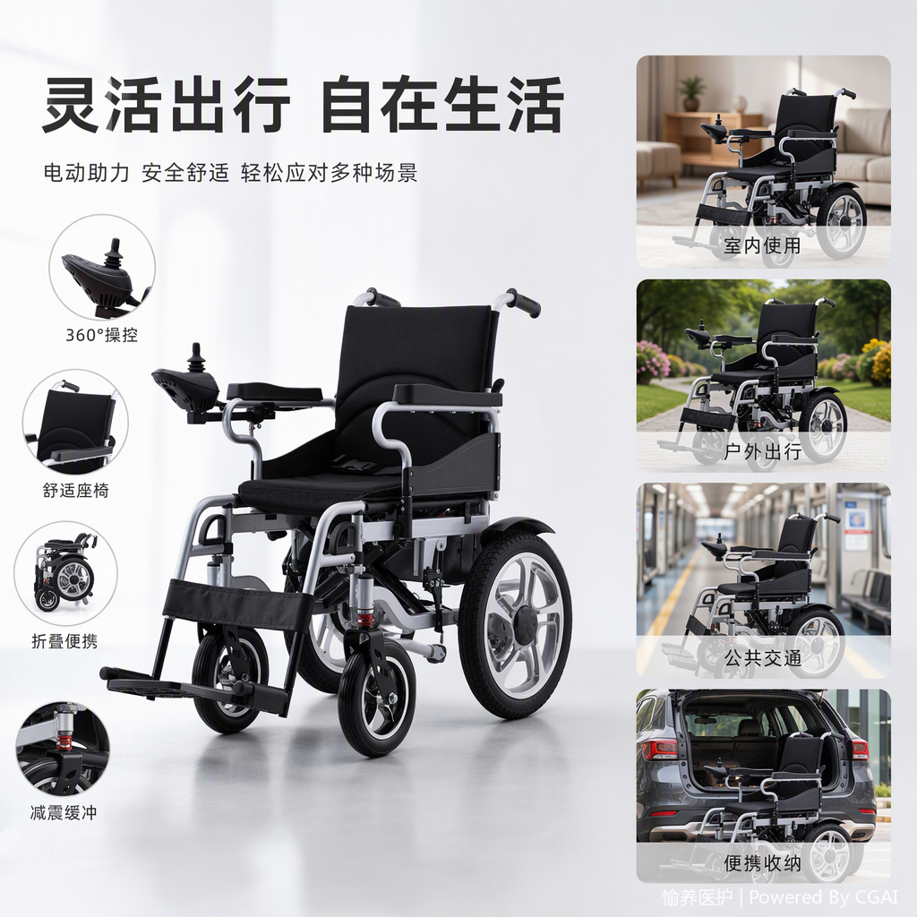 黑色座椅配银色金属框架电动轮椅轻便耐用适用室内外休闲便携