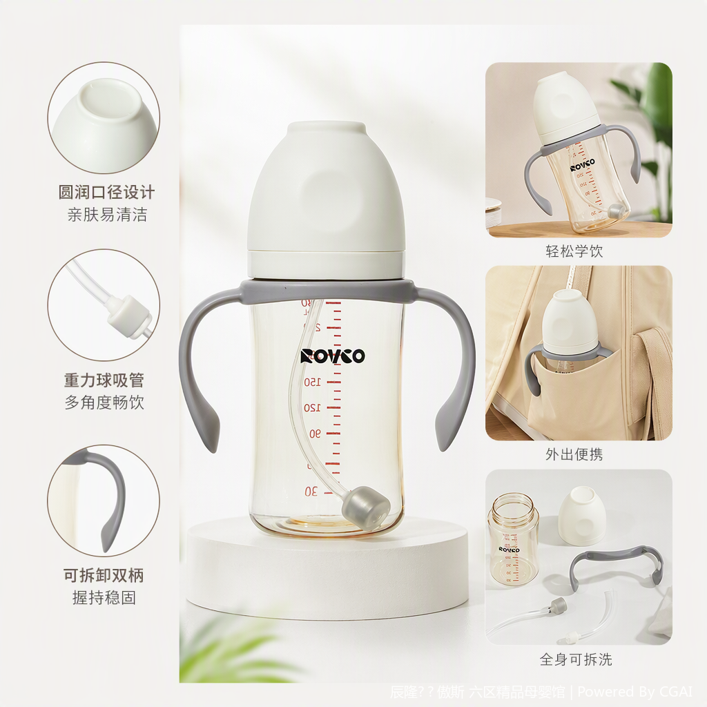 【OSEO】26Q4#N1067-2 leak-proof transparent baby bottle with grey handle bottle cover, baby feeding products, baby bottle accessories, practical and durable