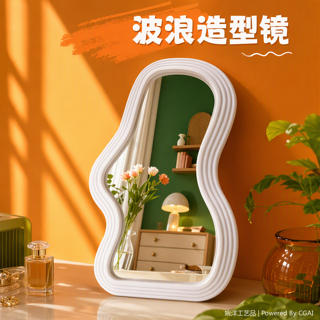 白色波浪形边框镜子细节图