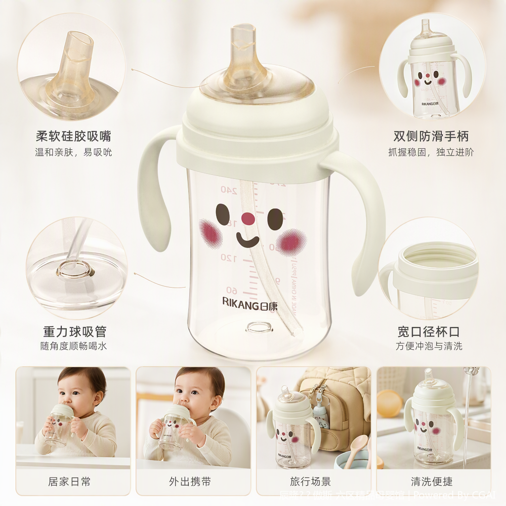 【OSEO】26Q4#N1077-1 Water Baby Beige smiley face pattern Infant learning and drinking cup, insulated water cup, baby complementary food drinking device, children's products