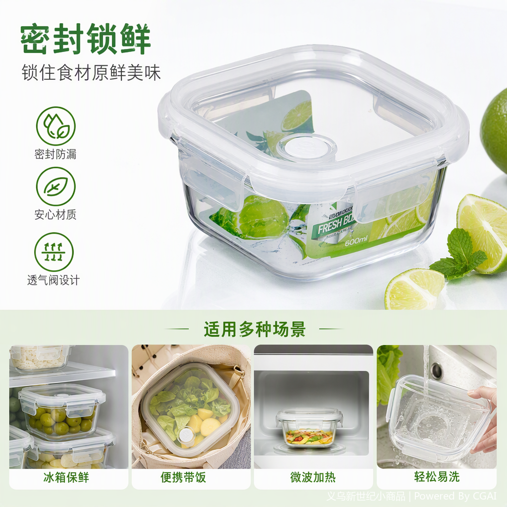 多功能透明玻璃保鲜盒密封储存容器厨房收纳用品耐热耐冷健康环保